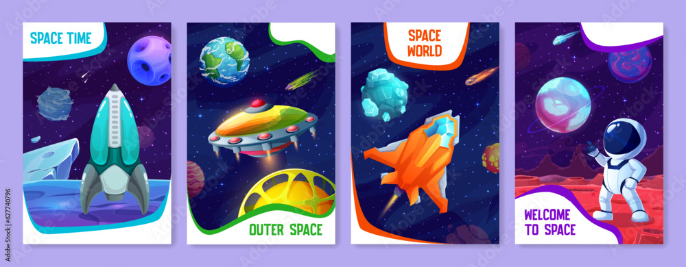 Cartoon space posters. Vector vertical cards with spacecraft in starry universe. Ufo saucer, rocket, starship in galaxy with asteroids. Astronaut on alien planet surface. Interstellar cosmic adventure