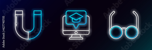 Set line Glasses, Magnet and Monitor with graduation cap icon. Glowing neon. Vector