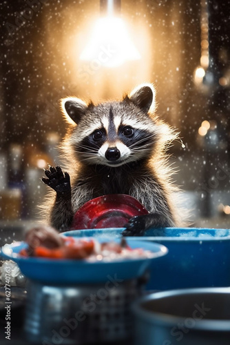 Cheerful Raccoon Having Fun Doing Dishes in the Kitchen - AI generated