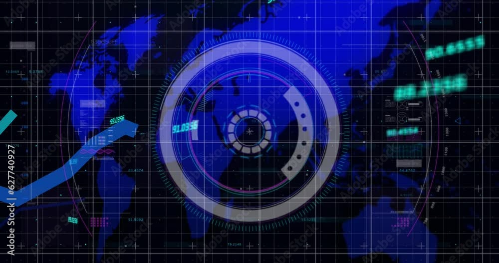 Animation of scope and data processing over world map Animation of scope and data processing over world map