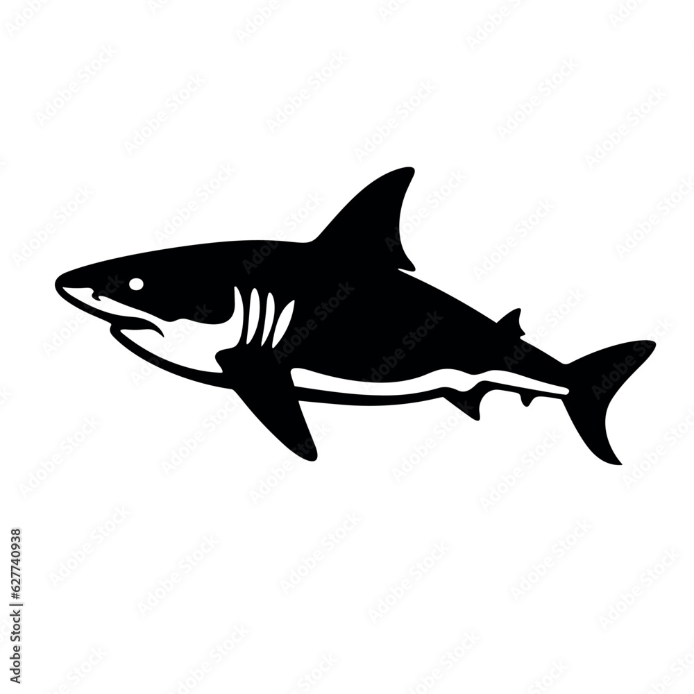Vector illustration of a black silhouette shark. Isolated white background. Icon fish shark side view profile.