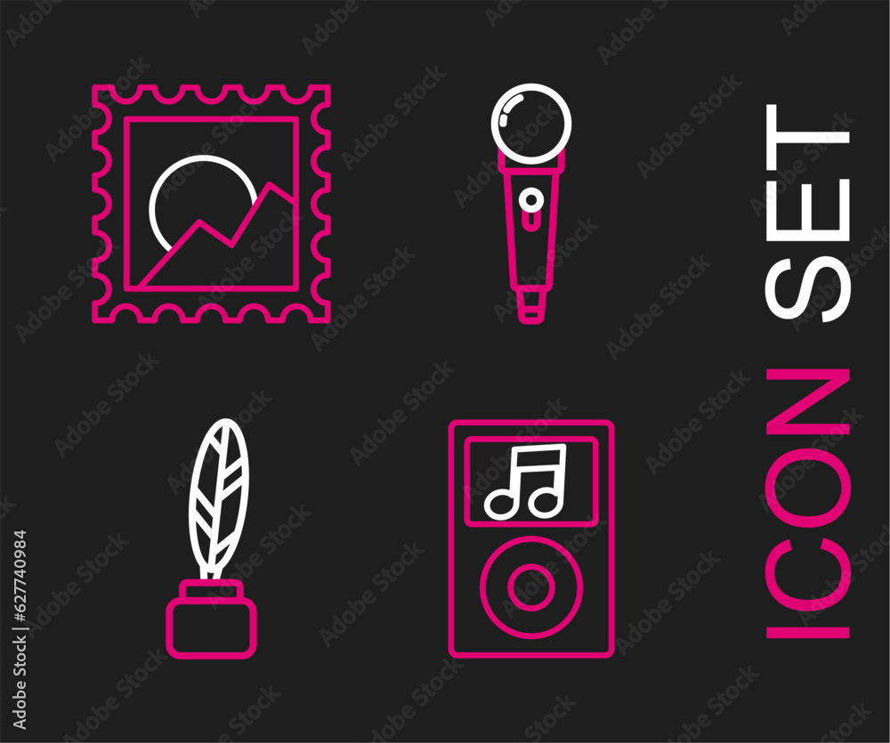 Set line Music player, Feather and inkwell, Microphone and Picture landscape icon. Vector Set line Music player, Feather and inkwell, Microphone and Picture landscape icon. Vector