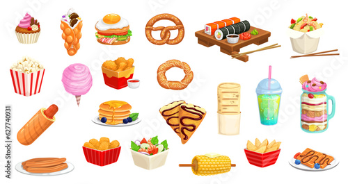 Cartoon fast food snacks, desserts, sandwiches, drinks and pastry, vector icons. Hot dog, pancake crepe and sushi, milkshake and popcorn with bubble waffles, chicken and corn grill for fast food menu
