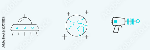Set line Ray gun, UFO flying spaceship and Earth globe icon. Vector