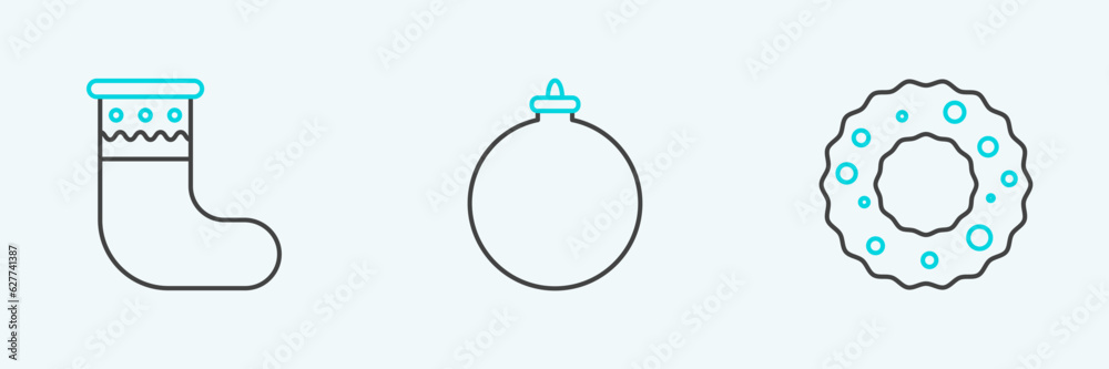 Set line Christmas wreath, stocking and ball icon. Vector Set line Christmas wreath, stocking and ball icon. Vector