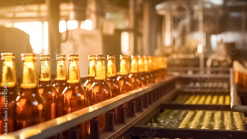 Glass beer drink alcohol bottles, brewery conveyor, modern production line. Concept brewery plant production line. 