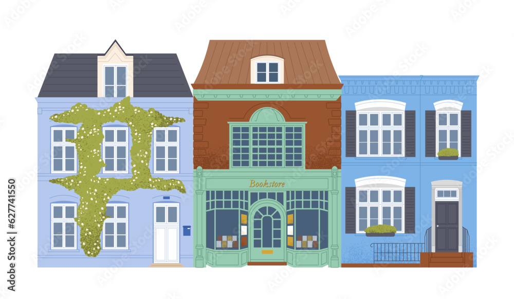 Cute urban buildings set. Bookshop, old and new houses near shop. City infrastructure, store with showcase. Home and apartment. Cartoon flat vector collection isolated on white background