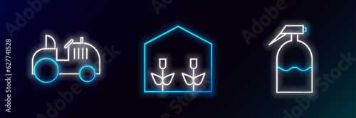 Set line Garden sprayer, Tractor and Home greenhouse and plants icon. Glowing neon. Vector