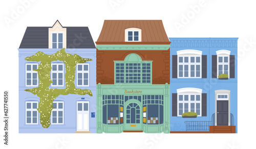 Cute urban buildings set. Bookshop, old and new houses near shop. City infrastructure, store with showcase. Home and apartment. Cartoon flat vector collection isolated on white background