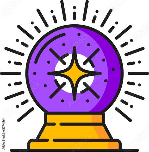 Magic ball witchcraft and magic icon. Mystical crystal sphere with radiating rays isolated vector sign, representing divination, invoking the power of the unknown and offering glimpses into the future