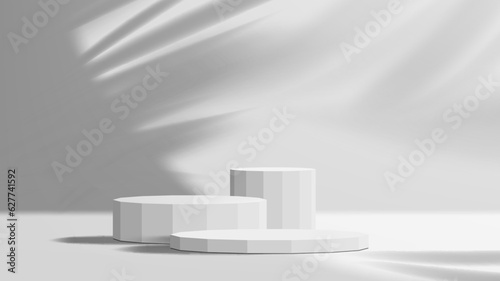 Empty grey podium mockup. 3d vector modern background with geometric platforms and palm leaves shadows on wall. Realistic pedestal in studio  stand for cosmetic product presentation  showcase stage