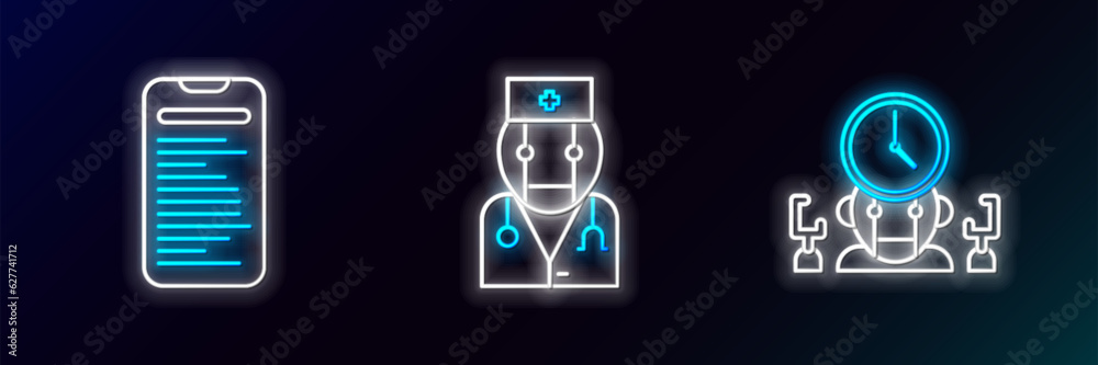 Set line Robot and digital time manager, Computer api interface and doctor icon. Glowing neon. Vector Set line Robot and digital time manager, Computer api interface and doctor icon. Glowing neon. Vector