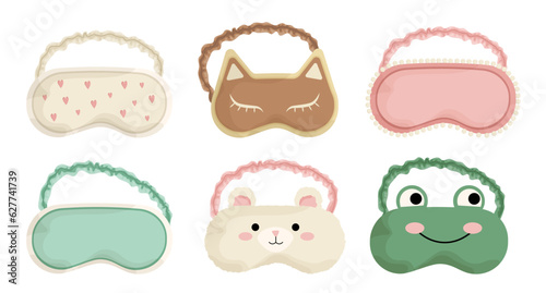 Set of different sleep masks. Frog, rabbit and cat. Rest and relax in home, correct daily routine. Relaxation blindfold. Cartoon flat vector collection isolated on white background