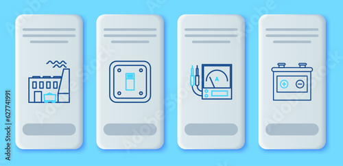 Set line Electric light switch, Ampere meter, multimeter, voltmeter, Coal power plant and factory and Car battery icon. Vector