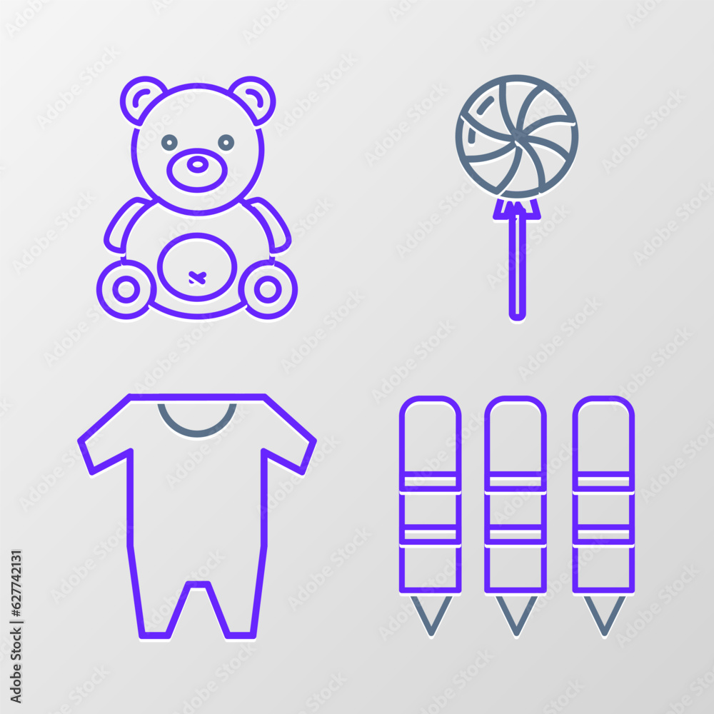Set line Wax crayons for drawing, Baby clothes, Lollipop and Teddy bear plush toy icon. Vector Set line Wax crayons for drawing, Baby clothes, Lollipop and Teddy bear plush toy icon. Vector