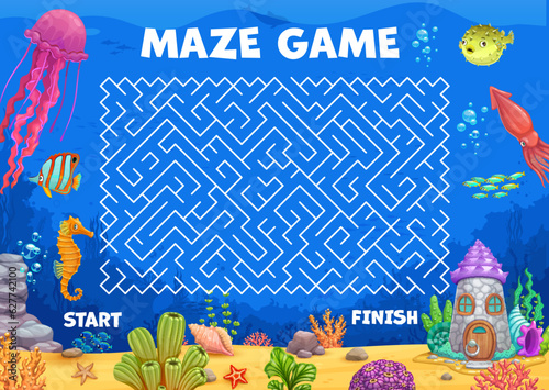 Labyrinth maze, help seahorse find house in sea landscape, vector puzzle game. Kids worksheet to find way for seahorse in undersea to ocean home dwelling in underwater labyrinth maze path