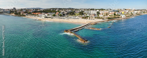 Estoril near Lisboa, Portugal. Small beach with casino. Aerial drone view. Flying over. High quality photo