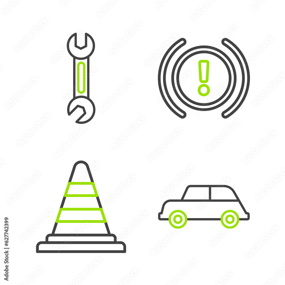 Set line Car, Traffic cone, Brake system warning and Wrench icon. Vector Set line Car, Traffic cone, Brake system warning and Wrench icon. Vector