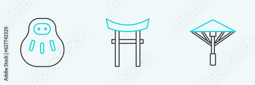 Set line Japanese umbrella from the sun, Maneki neko cat and Gate icon. Vector