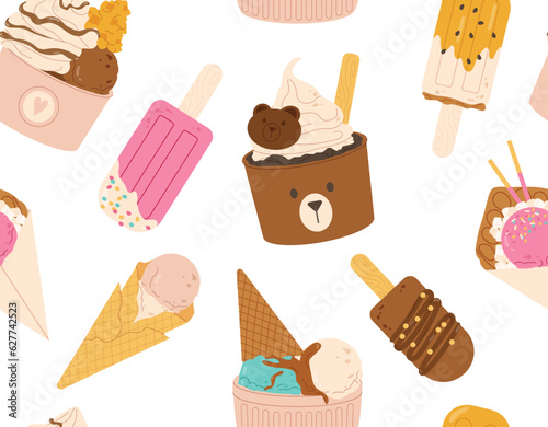 Ice cream seamless pattern. Repeating design element for printing on fabric. Wafer cone and frozen chocolate on sticks. Dessert and delicacy for hot weather. Cartoon flat vector illustration
