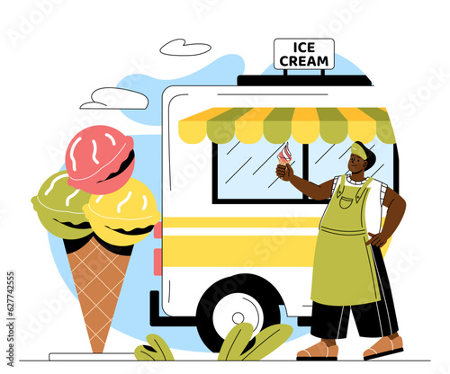 Ice cream seller with van concept. Man with waffle cone in front of car, cafe on wheels. Frozen dessert and delicacy. Young guy with sweet and sugar food. Cartoon flat vector illustration