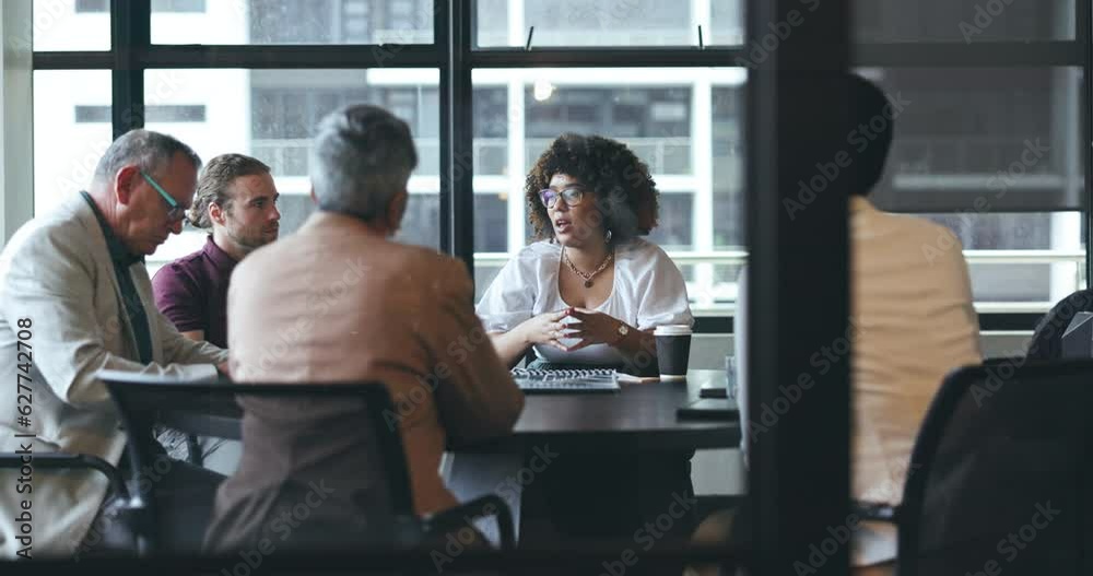 Business people, meeting and corporate discussion for teamwork, ideas or strategy at the office. Group of employees in team planning, presentation or training staff for collaboration at conference