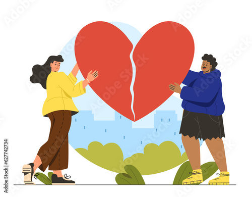 Man and woman in love concept. Young couple with halves and pieces of heart. Romantic relationships. Family building. Valentines day greeting postcard. Cartoon flat vector illustration