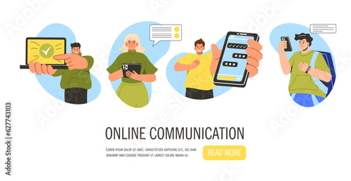 Online communication landing page concept. Man and woman with smartphones and laptops. Interaction on Internet and social networks, messengers. Cartoon flat vector illustration