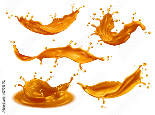 Gold splash wave, crown and flow spill of golden liquid with drops splatter, realistic vector. Sweet caramel syrup or golden oil splashing in long flow, toffee pour or candy sauce spill with droplets