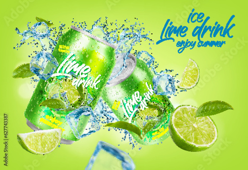 Ice lime drink can. Lime fruit, water splash, tea leaves and ice cubes creating a perfect balance of flavors and a cooling sensation. Refreshing beverage promising a cool and zesty summer experience