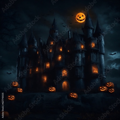 Scary Gothic castle on Halloween night, haunted palace or mansion for dark blue background. Spooky view of old mystery castle and bats in full moon. Horror scene with big gloomy house, fantasy place.