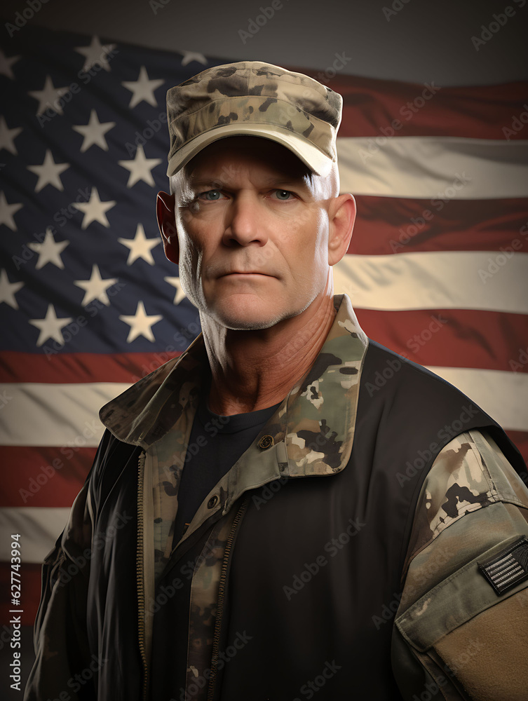 old white american soldier in front of the flag, USA flag, union flag, veterans from the war, soldier in uniform, golf war, conflict, US veterans old white american soldier in front of the flag, USA flag, union flag, veterans from the war, soldier in uniform, golf war, conflict, US veterans
