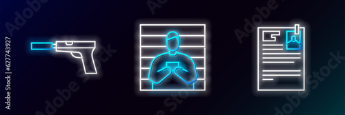 Set line Lawsuit paper, Pistol or gun with silencer and Suspect criminal icon. Glowing neon. Vector
