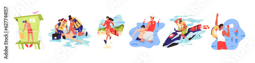 Lifeguard rescue people set. Women save life drowning persons. Emergency on the water and security. Dangerous swimming in the ocean and first aid on the sea beach. Flat isolated vector illustration
