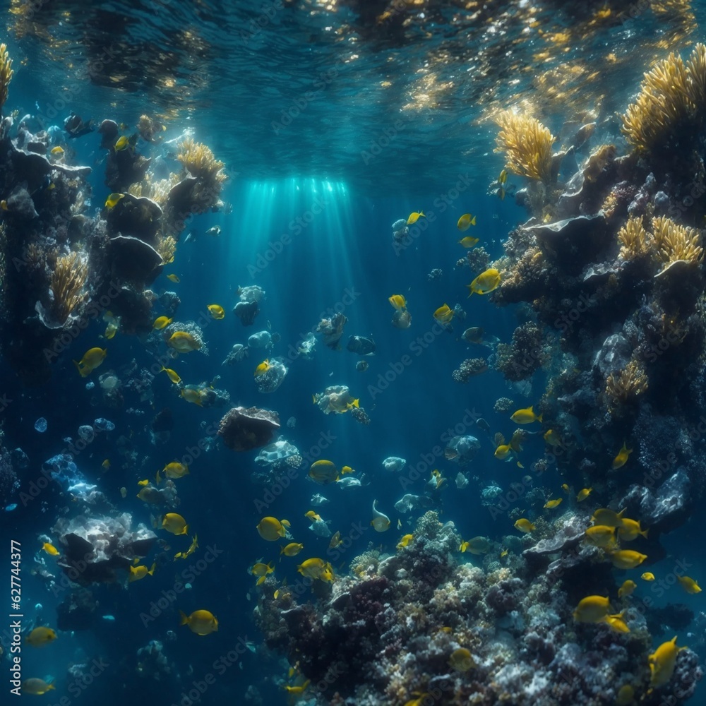 Fototapeta premium Underwater Scene - Tropical Seabed With Reef And Sunshine