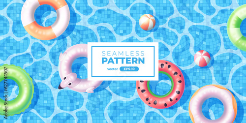 Summer swimming pool vector. Swim ring, Inflatable rubber circle, ball. Top view. Summer background. Banner or poster. Sale template. Simple cartoon design. Realistic water. 3d. Illustration eps10.
