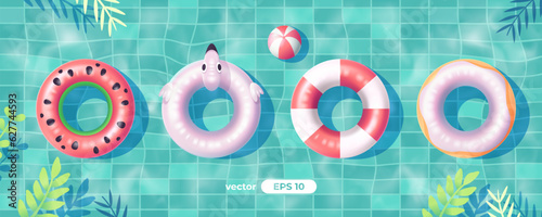 Swim ring, inflatable rubber circle. Flamingos, watermelon. Swimming pool vector. Top view. Summer background. Banner or poster. Simple cartoon design. Realistic 3d Illustration eps10.
