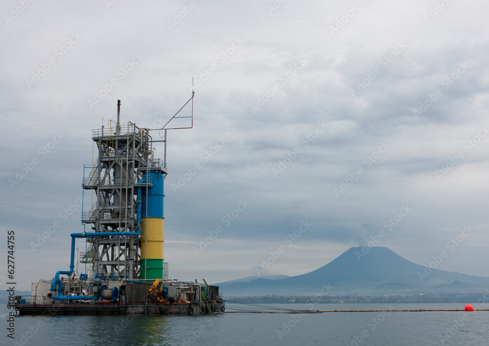 Methane gas in front of nyiragongo congo volcano, Lake Kivu, Gisenye, Rwanda Methane gas in front of nyiragongo congo volcano, Lake Kivu, Gisenye, Rwanda