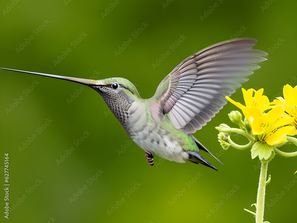 Free photo green and gray humming bird flying over yellow flowers. Free photo green and gray humming bird flying over yellow flowers.