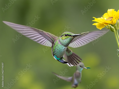 Free photo green and gray humming bird flying over yellow flowers. © Kamrul