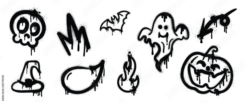 Set of graffiti spray pattern. Collection of halloween symbols, ghost, hat, bat, skull, crown, pumpkin with spray texture. Elements on white background for sticker, banner, decoration, street art. Set of graffiti spray pattern. Collection of halloween symbols, ghost, hat, bat, skull, crown, pumpkin with spray texture. Elements on white background for sticker, banner, decoration, street art.