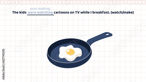 Basic English Grammar. Past continuous tense. Educational test or practice exercise to learn rules of English language. Example of affirmative sentence. Cartoon flat vector illustration
