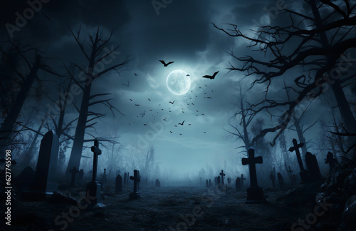 Scary halloween gravestones in front of forest cemetery at night halloween background © Michael