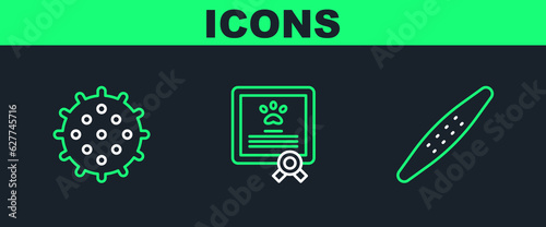 Set line Nail file pet, Tennis ball and Certificate for dog or cat icon. Vector