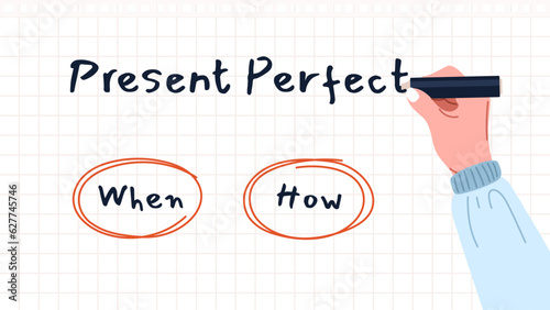 Basic English Grammar. Present perfect tense. Educational banner with teacher hand writing information on blackboard. English language learning. Cartoon flat vector illustration