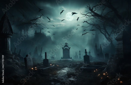 Scary halloween gravestones in front of forest cemetery at night halloween background