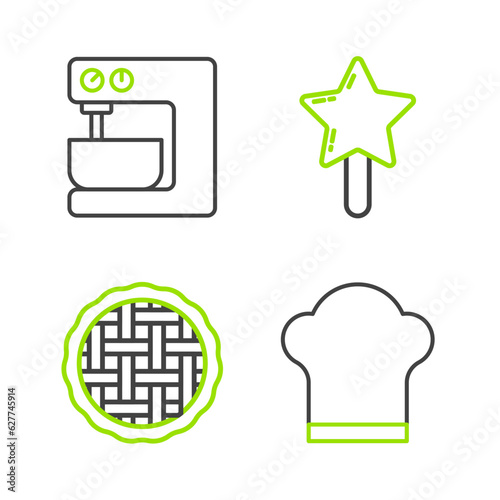 Set line Chef hat, Homemade pie, Lollipop and Electric mixer icon. Vector