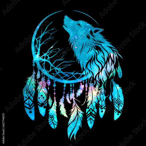 Dream catcher, dreamcatcher, wolf, spirit animal, isolated on black background photo