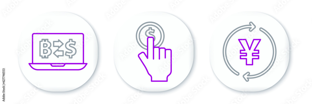 Set line Coin money with Yen, Cryptocurrency exchange and Hand holding coin icon. Vector Set line Coin money with Yen, Cryptocurrency exchange and Hand holding coin icon. Vector