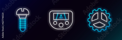 Set line Bicycle sprocket crank, Metallic screw and Gps device with map icon. Glowing neon. Vector